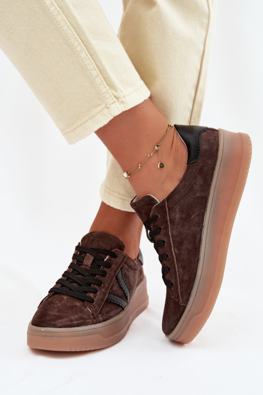 Tênis femininos estilo esportivo de camurça natural com plataforma Vinceza 79597 cor marrom