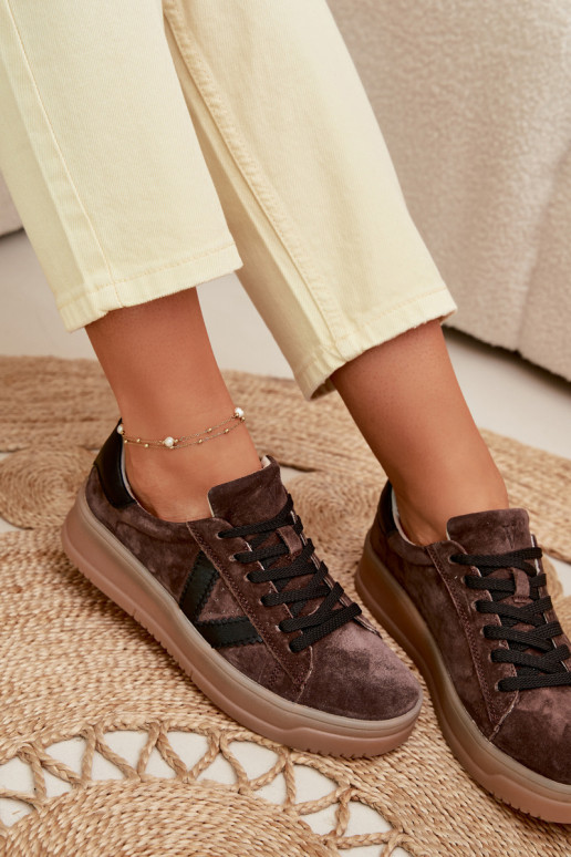 Tênis femininos estilo esportivo de camurça natural com plataforma Vinceza 79597 cor marrom