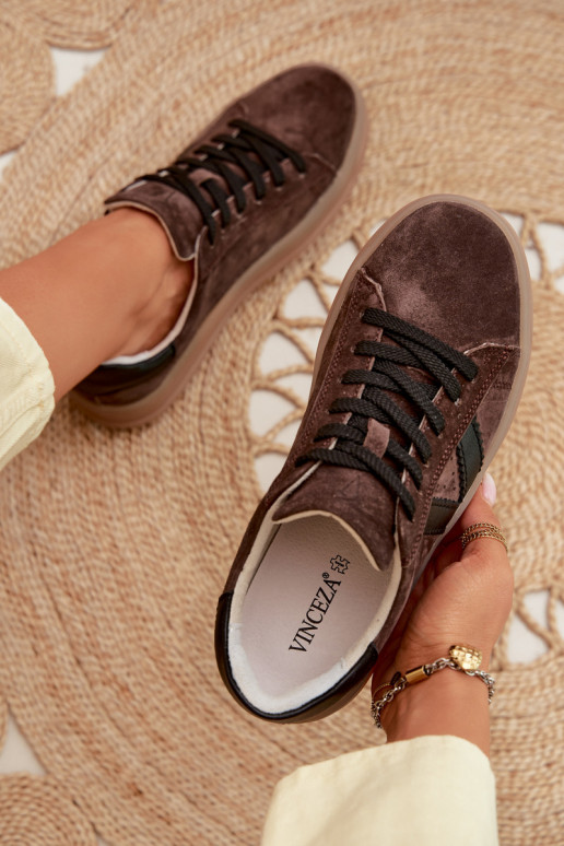 Tênis femininos estilo esportivo de camurça natural com plataforma Vinceza 79597 cor marrom