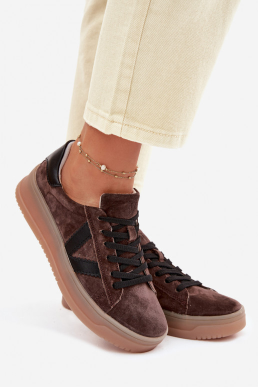 Tênis femininos estilo esportivo de camurça natural com plataforma Vinceza 79597 cor marrom