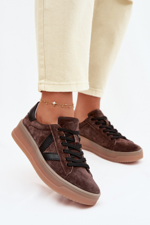 Tênis femininos estilo esportivo de camurça natural com plataforma Vinceza 79597 cor marrom