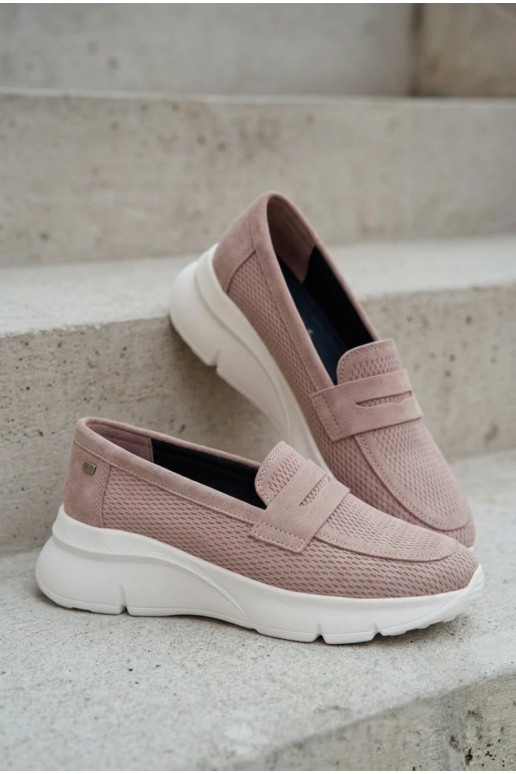 Mocassins femininos de camurça natural com plataforma Vinceza 79626 cor areia