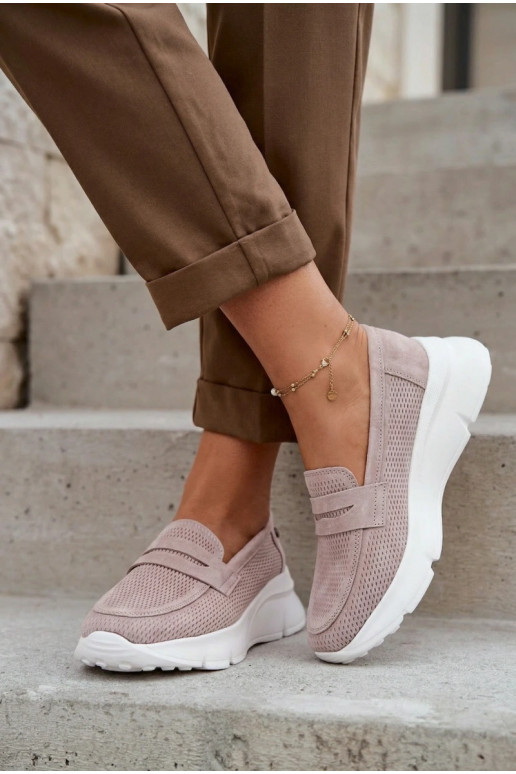 Mocassins femininos de camurça natural com plataforma Vinceza 79626 cor areia