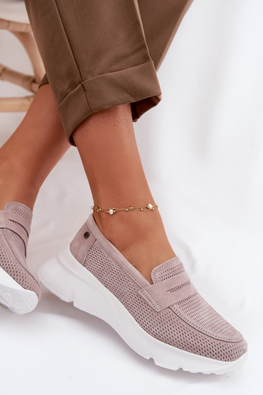 Mocassins femininos de camurça natural com plataforma Vinceza 79626 cor areia