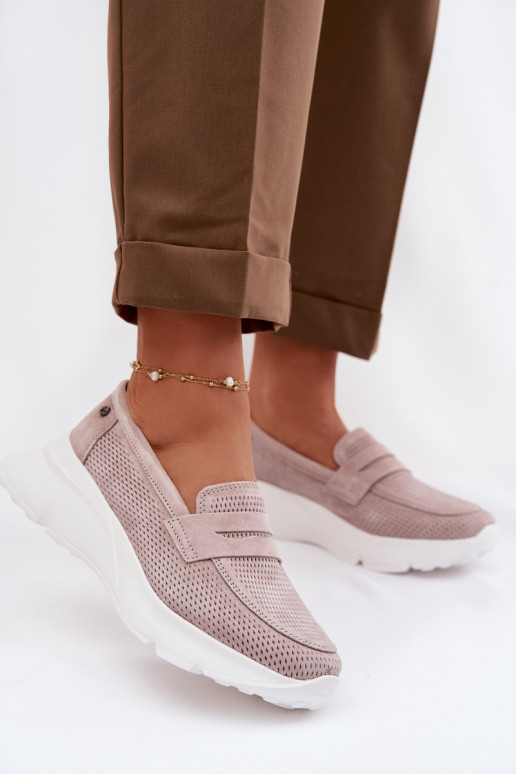 Mocassins femininos de camurça natural com plataforma Vinceza 79626 cor areia