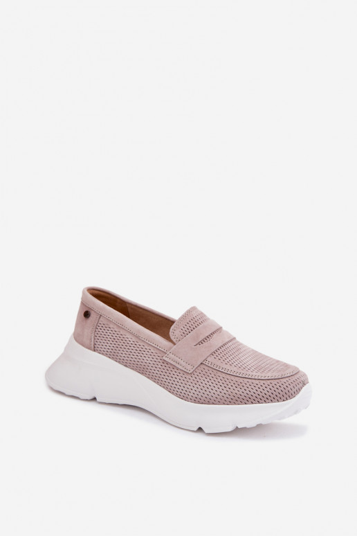 Mocassins femininos de camurça natural com plataforma Vinceza 79626 cor areia