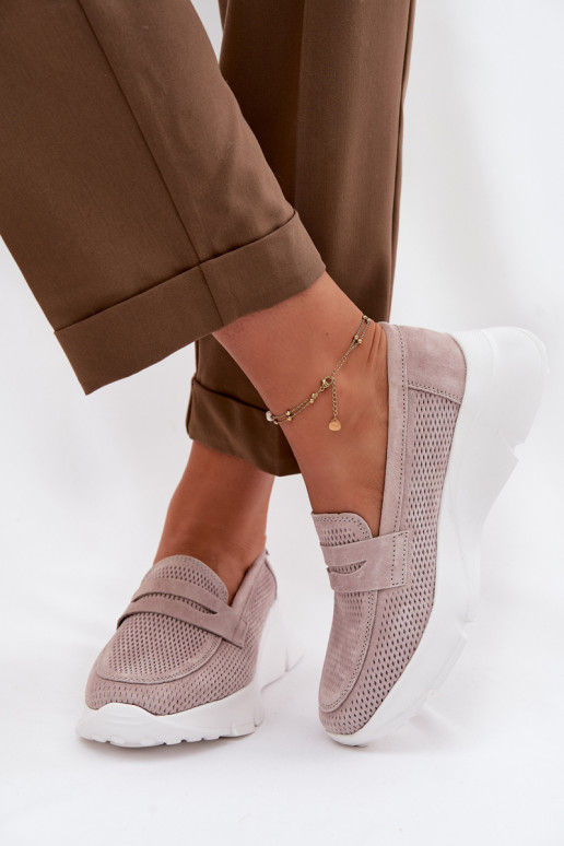 Mocassins femininos de camurça natural com plataforma Vinceza 79626 cor areia