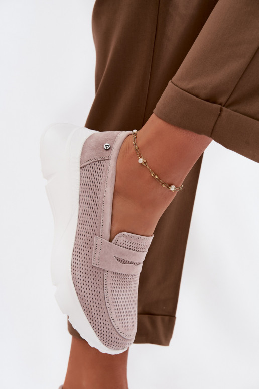 Mocassins femininos de camurça natural com plataforma Vinceza 79626 cor areia