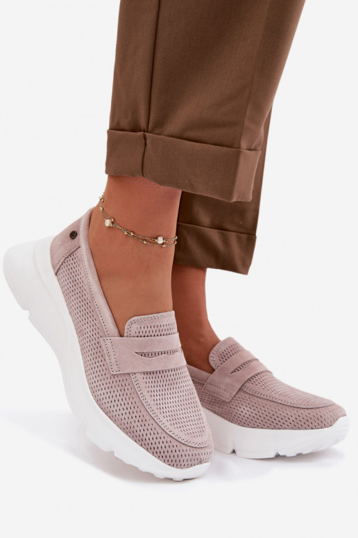 Mocassins femininos de camurça natural com plataforma Vinceza 79626 cor areia