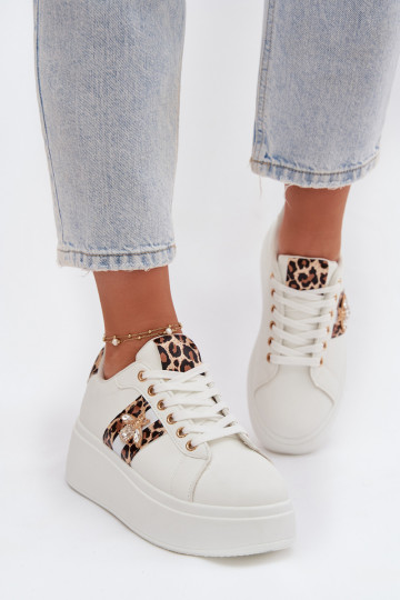 Tênis esportivos femininos com plataforma e fecho cor branca com estampa de leopardo Palvessa
