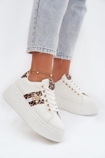 Tênis esportivos femininos com plataforma e fecho cor branca com estampa de leopardo Palvessa 2