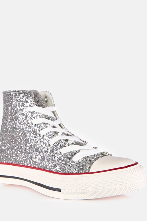 Tênis prateados brilhantes femininos...