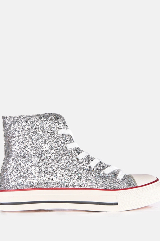 Tênis prateados brilhantes femininos...