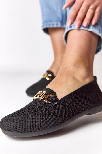Mocassins de tecido pretos com detalhe dourado Bianca