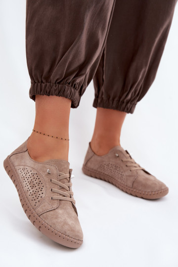 Sapatos femininos com elementos vazados de camurça natural cor marrom Feliva 2