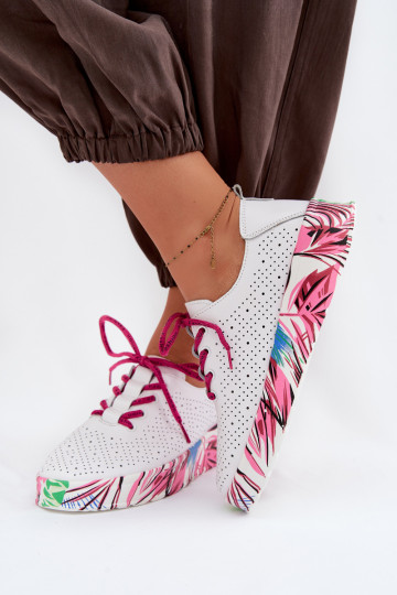Sapatos femininos de couro com plataforma estampada cor rosa Femela
