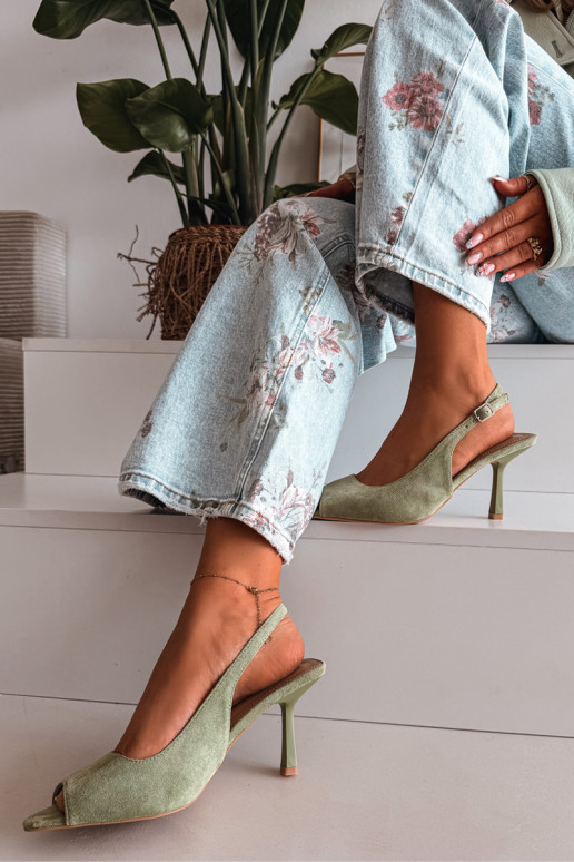 Sandálias femininas com salto fino de camurça ecológicaoParae cor verde Sevina