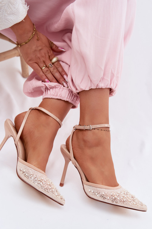 Sandálias femininas com salto fino Decorado com brilho I cor coralikami bege Nedira