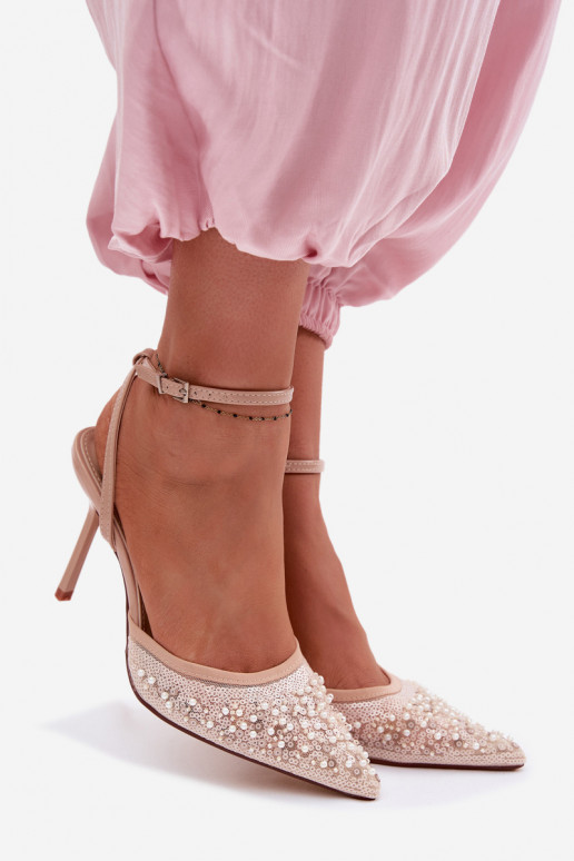 Sandálias femininas com salto fino Decorado com brilho I cor coralikami bege Nedira