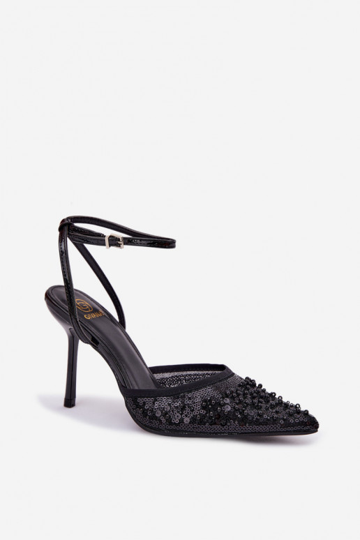 Sandálias femininas com salto fino Decorado com brilho I cor coralikami cor preta Nedira