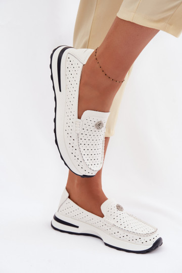 com elementos abertos mocassins femininosHabilitadoturalnej Skóry cor branca Kemela