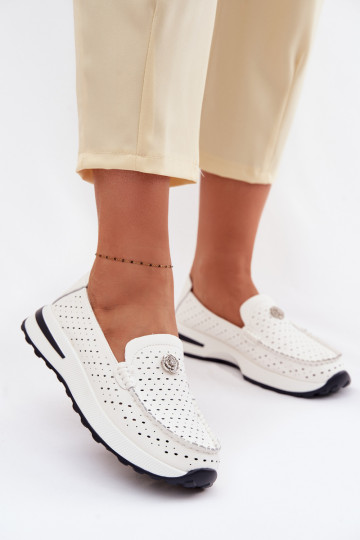 com elementos abertos mocassins femininosHabilitadoturalnej Skóry cor branca Kemela 2