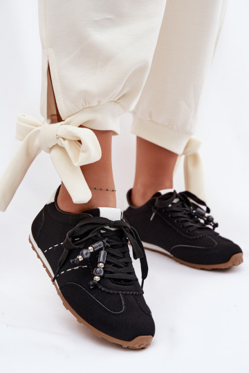 Tênis femininos baixos estilo esportivo com contas pretos Galora 2