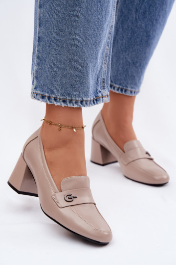 Sapatos de couro femininos com salto Vinceza 18119 cor areia