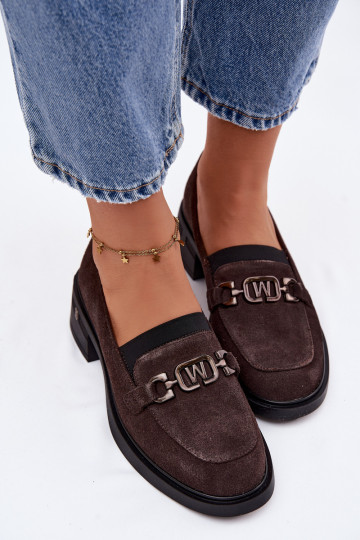 Mocassins femininos de camurça com salto baixo Vinceza 18127 cor chocolate