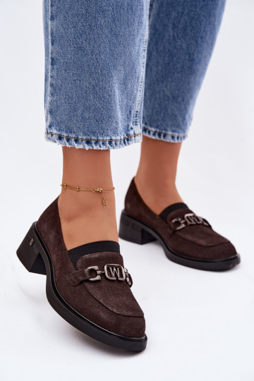 Mocassins femininos de camurça com salto baixo Vinceza 18127 cor chocolate 2