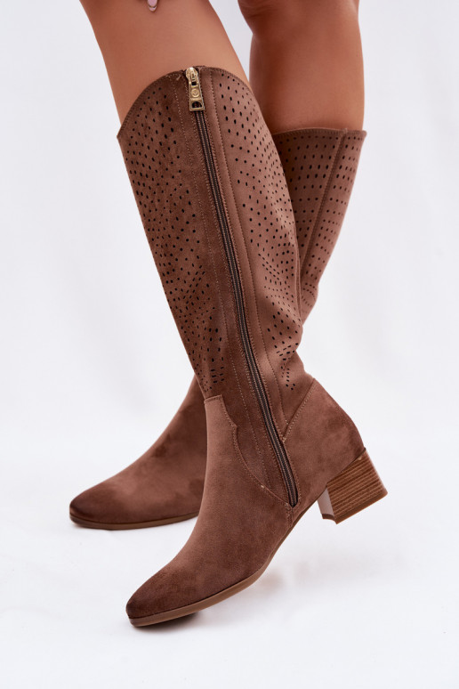 com elementos abertos botas femininas De salto baixo Vinceza 58637 cor marrom