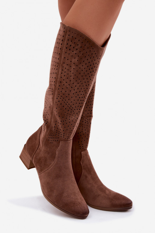 com elementos abertos botas femininas De salto baixo Vinceza 58637 cor marrom