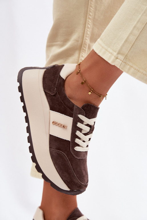 À modalo de tênis Feminino com uma plataformaHabilitadoturalnego de camurçau CzekoladoParae Rosinae