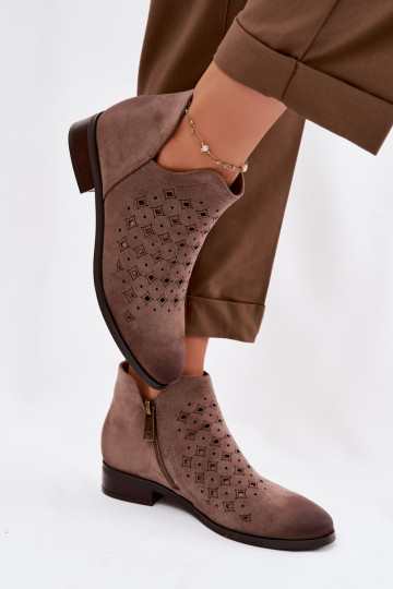 Botas femininas de couro vazadas com saltos largos Vinceza 58626 cor areia