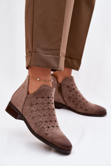 Botas femininas de couro vazadas com saltos largos Vinceza 58626 cor areia 2