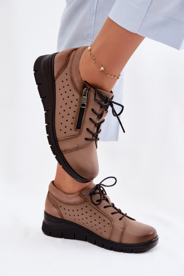 Sapatos de couro femininos com plataforma Vinceza 39977 cor areia