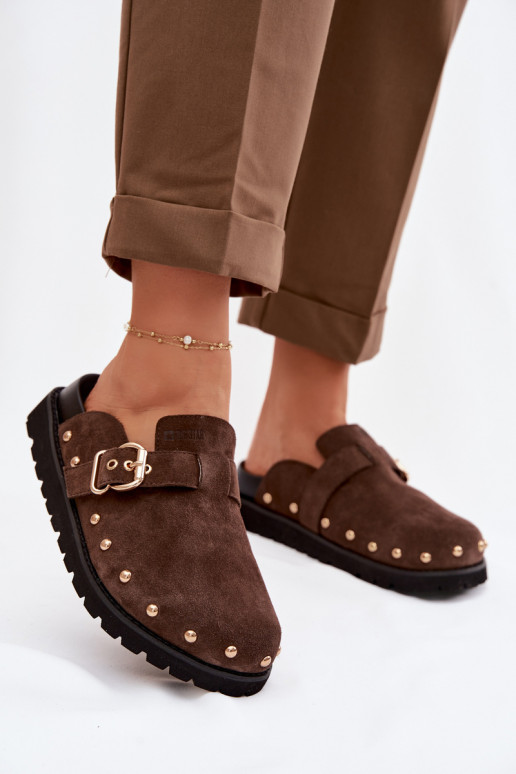 Chinelos Tamancos de camurça com uma plataforma com rebites I com fivelas Big Star TT274952 CzekoladoParae