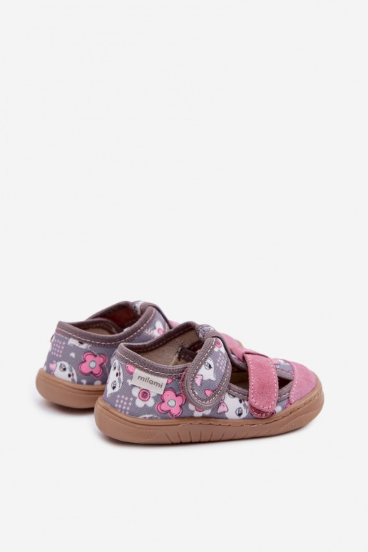 Chinelos Barefoot Infantil Milami Gatos I com flores cinza-cor rosa Lumi