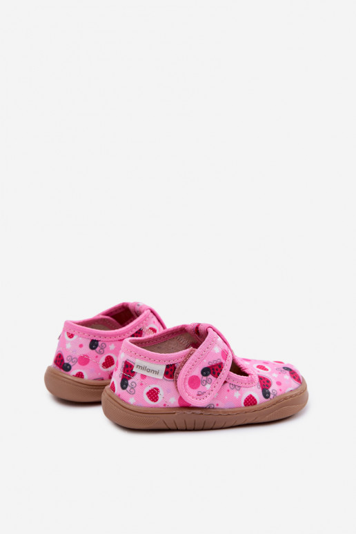 Chinelos Barefoot Infantil Joaninhas com corações com fixadores adesivos Milami cor rosa Talirae