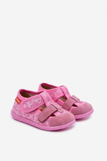 Chinelos Milami infantis com brilho e estampa de corações com fechos adesivos rosa Reathiana