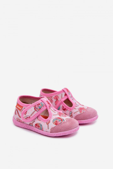 Chinelos Milami infantis com fechos adesivos com estampa de pirulitos rosa Jasimrra