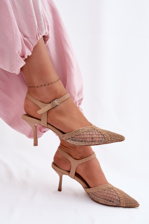 sandálias estampadas com malha com salto fino cor marrom Idira