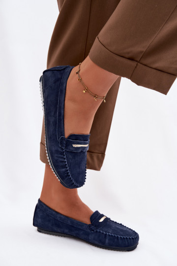 Mocassins femininos de camurça natural S.Barski LR61-7029 na cor azul escuro