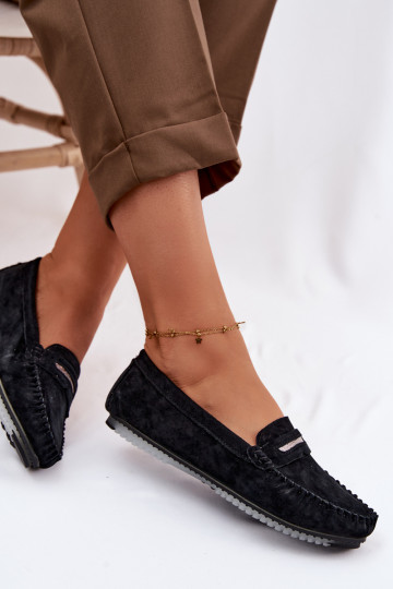 Mocassins femininos de camurça natural S.Barski LR61-7029 na cor preta
