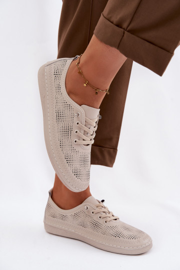 Botas femininas de couro com elementos de perfuração S.Barski LR61-7083 na cor areia