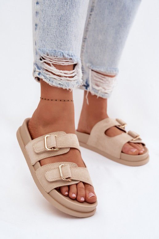 Chinelos femininos Ze cor douradami com fivelasmi bege Pelorin