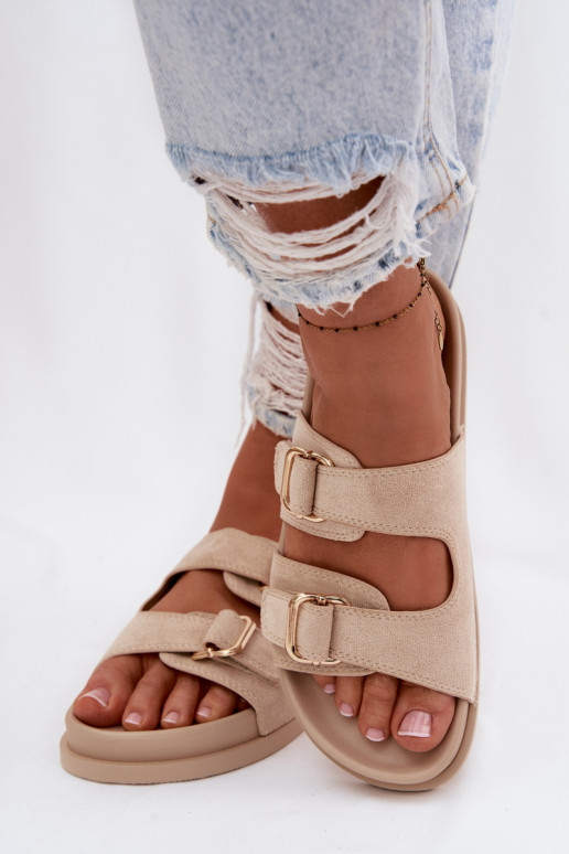 Chinelos femininos Ze cor douradami com fivelasmi bege Pelorin