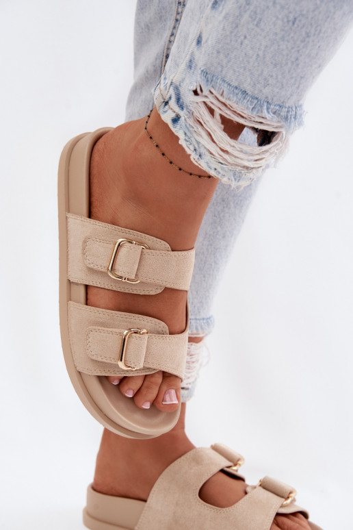 Chinelos femininos Ze cor douradami com fivelasmi bege Pelorin