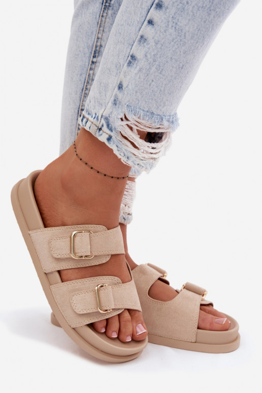 Chinelos femininos Ze cor douradami com fivelasmi bege Pelorin