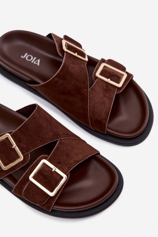 Chinelos femininosImitacji de camurçau cor dourada com fivelas CzekoladoParae Selissea